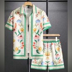 SHEIN Green and Tan Striped Shirt